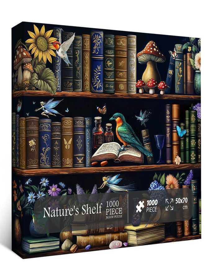 PPuzzling Magic Bookshelf Puzzles for Adults 1000 Pieces, Retro Book Flower Mushroom Jigsaw Puzzles, Nature Library Bookshelf Floral Puzzle as Home Decor - Image 1